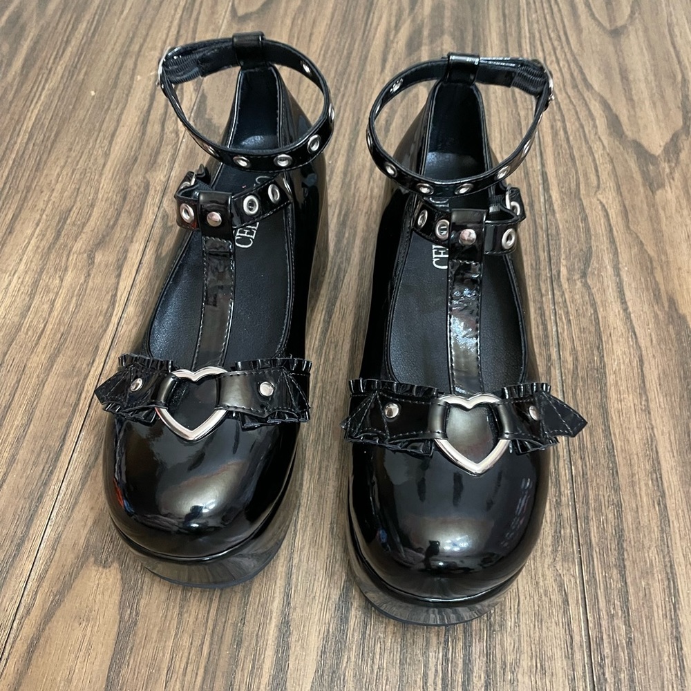 celenpho mary jane black shiny pu leather lotita goth shoes